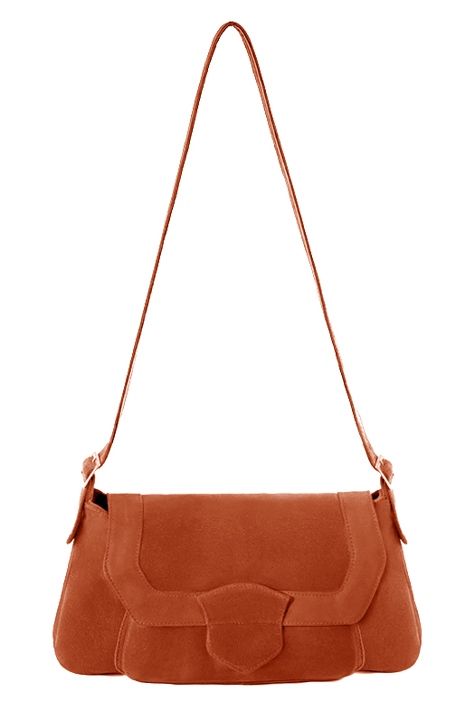 Terracotta orange women's dress handbag, matching pumps and belts. Top view - Florence KOOIJMAN